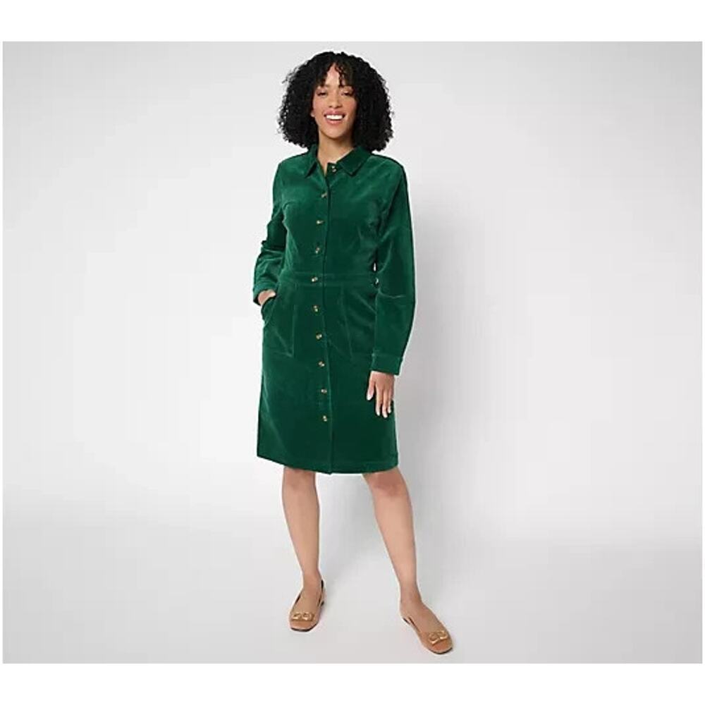 Joan Rivers Stretch Corduroy Button Front Dress Dark Emerald Petite L A704923